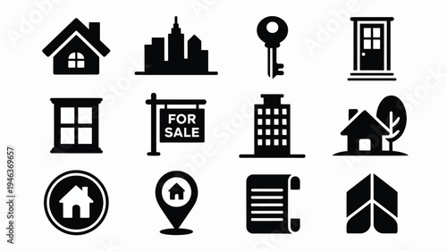 Real estate logo bundle featuring house building key and for sale sign icons on white background