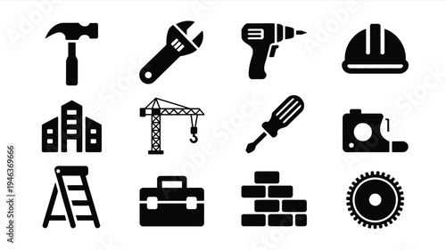 Construction tools and equipment icons set including hammer drill hard hat crane screwdriver camera ladder toolbox bricks gear