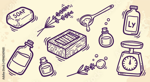 Hand drawn soap making ingredients and tools doodle illustration