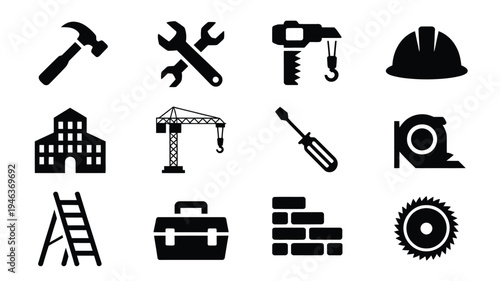 Construction tools and equipment silhouettes for design and branding projects