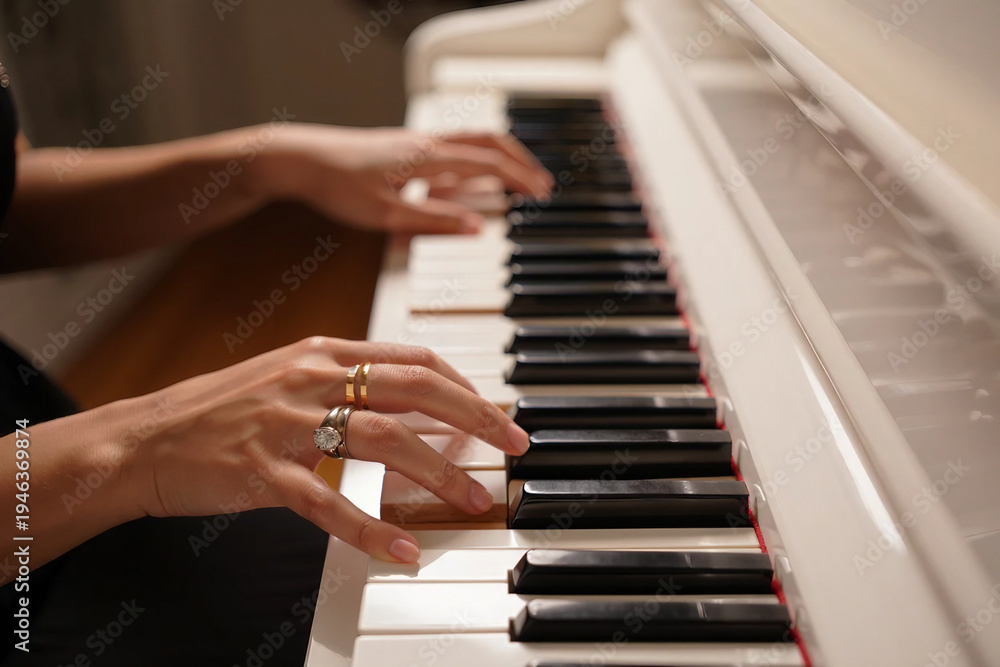 Fototapeta premium Jazz Day Woman's hands with rings playing white piano keys close up image