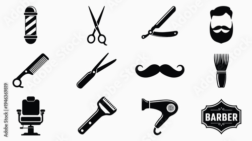 Barber shop logo and tool icons set including razors scissors and hair dryers on white background for grooming and beard care