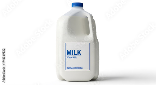 A plastic gallon container of fresh whole milk with condensation droplets on the surface isolated on a white background