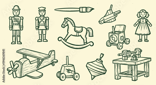 Vintage wooden toys collection isolated on beige background, retro childhood playthings