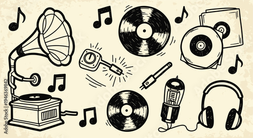 Vintage Music Collection With Old Gramophone Records and Headphones Doodle Style