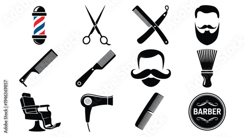 Barber shop icons set including tools and grooming symbols in black and white