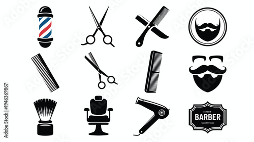 Barber shop icons set including scissors combs and shaving tools on white background for grooming and haircut services