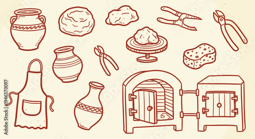 Pottery Craft Tools and Supplies Collection Hand Drawn Illustration