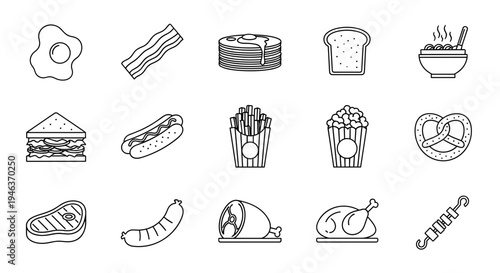 Collection of popular breakfast and fast food icons in a clean outline style