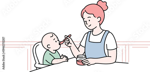 Smiling Young Mother Feeding Her Baby with a Spoon, Concept of Childcare Nutrition, Healthy Infant Development, Parental Care Routine, and Early Childhood Growth Vector Illustration