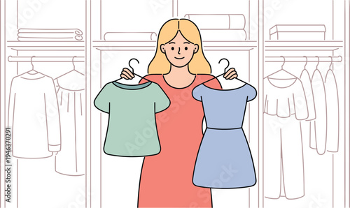 Smiling Young Woman Holding Two Different Outfits in Front of Wardrobe, Concept of Fashion Choice, Personal Styling Decisions, Morning Getting Ready Routine, and Clothing Selection Vector Illustration