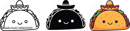 Colorful vector illustrations of smiling tacos wearing sombreros on white background