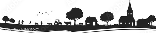 Silhouette of rural countryside scene with people animals and buildings walking