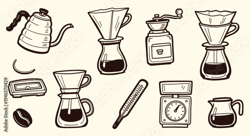 Hand drawn coffee brewing equipment and tools for pour over coffee preparation