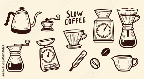 Hand drawn illustration of coffee brewing equipment and accessories for slow coffee preparation