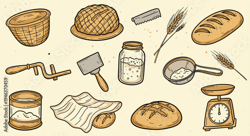 Baking ingredients and tools with bread loaves and wheat ears on a beige background