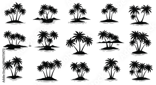 A collection of black palm tree silhouettes on a white background