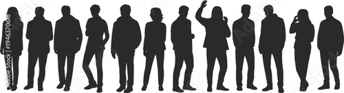 Silhouettes of diverse people standing in various poses against a white background