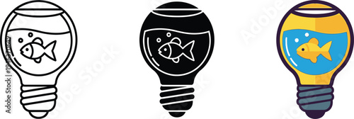 Colorful vector illustrations of lightbulb fish tanks with fish on white background