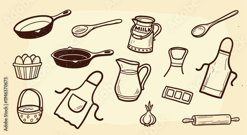 Vintage Kitchen Utensils Collection Hand Drawn Sketch Style