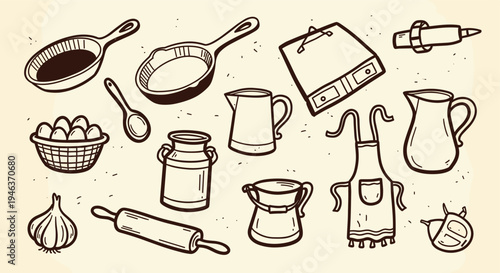 Hand Drawn Kitchen Utensils and Ingredients Collection Cooking Baking and Food Preparation Elements
