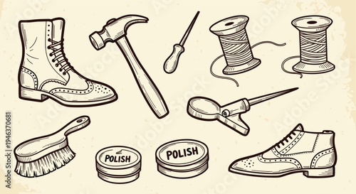 Cobbler Tools and Shoes Vintage Illustration for Shoe Repair and Craftsmanship