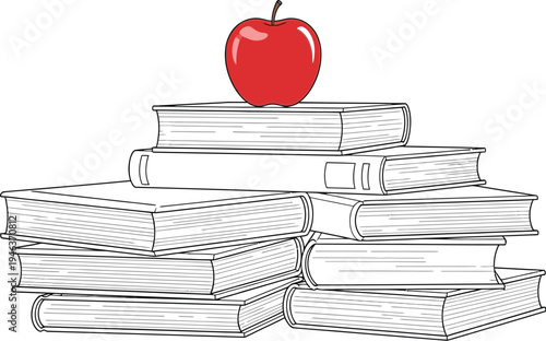 A vibrant red apple rests perfectly on a neatly arranged stack of various books, symbolizing education, knowledge, and learning achievement.