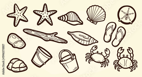 Beach Elements Collection Doodle Style Isolated On Cream Background