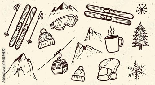 Winter Skiing Doodle Elements Mountains Snowboard Goggles Hot Drink and Ski Lift Icons