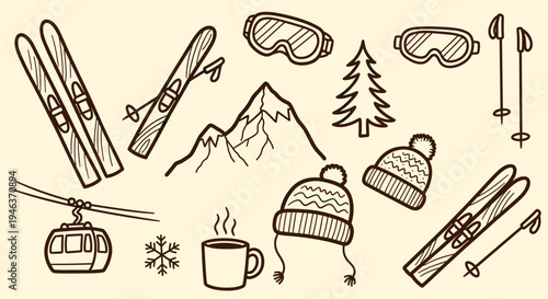 Winter sports equipment and mountain scene doodles with ski lift and hot drink