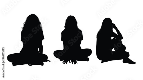 Three women sit in silhouette each with unique postures and hairstyles