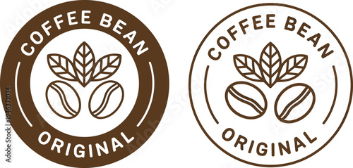Coffee bean original stamp vector icon set, brown circular logo labels for cafe branding and product packaging