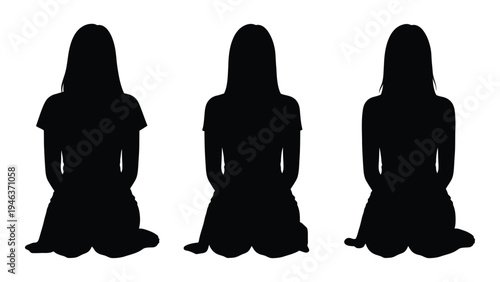 Three female silhouettes are kneeling facing away from the viewer in a stark graphic