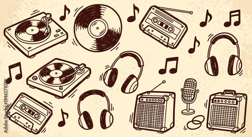 Retro music equipment and symbols hand drawn sketch style on textured background