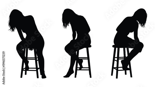 Three female silhouettes seated on stools showcasing varying poses and body shapes