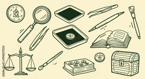 Coin collecting hobby equipment and treasure chest illustration