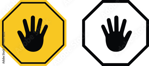 Stop hand sign vector set with yellow octagon caution board, black palm silhouette symbols for safety warning