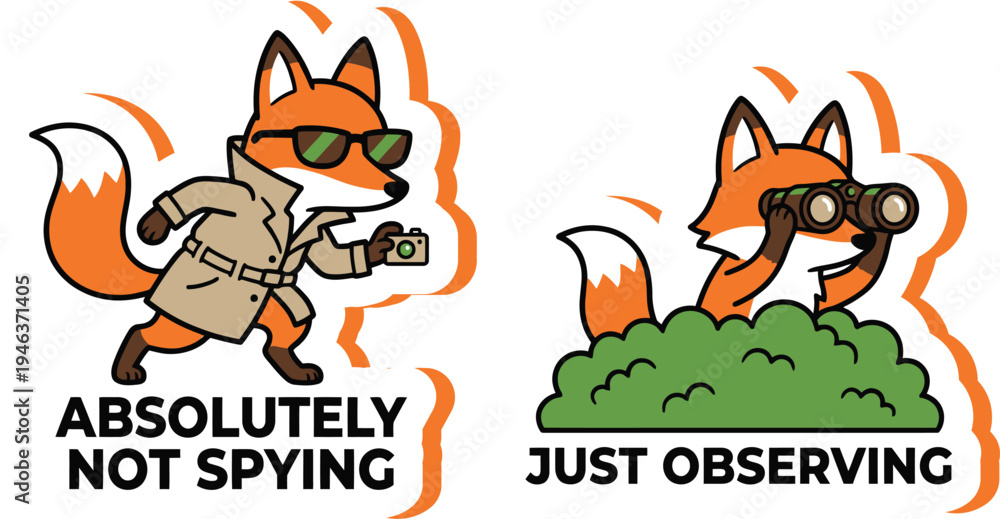 Fototapeta premium Humorous vector illustration depicting two cartoon foxes in various clandestine and observational roles outdoors, emphasizing playful secrecy.