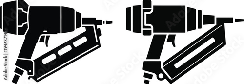 Black silhouette icons of two nail guns on a white background with nail gun with power tool with hand tool with graphic resource