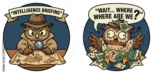 Funny and cute sticker pair: an owl detective in an intelligence briefing, and another lost owl asking 'Where are we?'