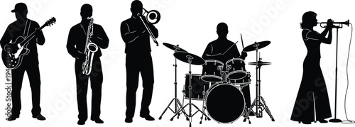 Black silhouette illustration of five‑member jazz band performing with electric guitar, saxophone, trombone, drums, trumpet and microphone, classic ensemble music concept for creative design