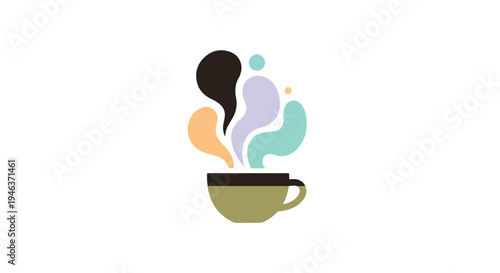 Clean flat vector design showing a coffee cup with abstract-shaped steam, presented in a modern branding aesthetic with bold minimal colors, smooth line art, and a white background.