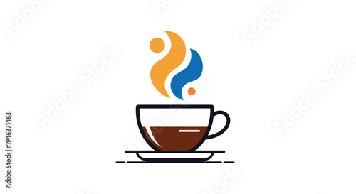 Simple flat vector artwork featuring a coffee cup where the steam creates abstract forms, using a modern brand-style approach with strong colors, neat lines, and a white background.