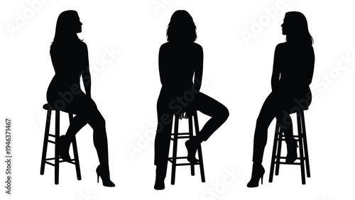 Silhouettes of three women seated on stools against a white background