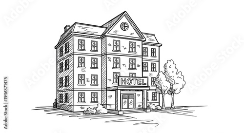 Black and white hand drawn architectural drawing of a classic multi story hotel building