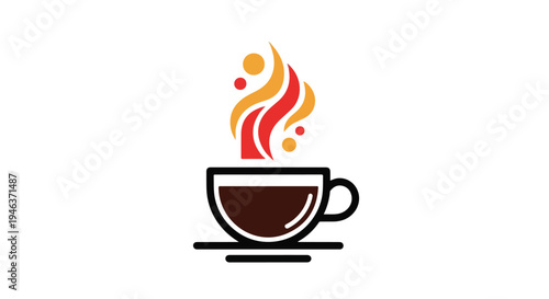 Minimal flat vector illustration of a coffee cup with steam forming abstract shapes, modern branding style, bold simple colors, clean line art, white background