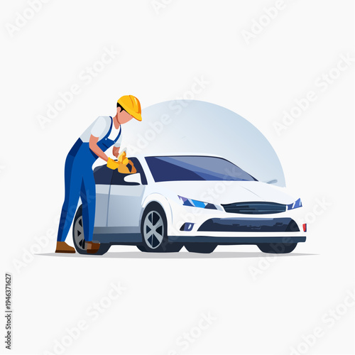 Professional Car Cleaning Service Worker Maintaining Vehicle Illustration