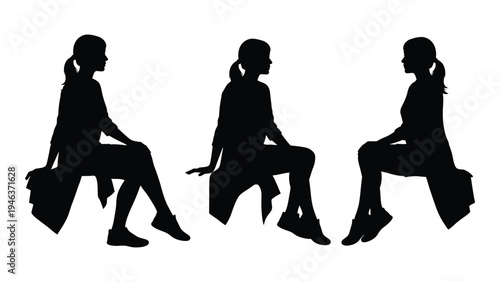 Three silhouettes of a young woman sitting with a shoulder bag
