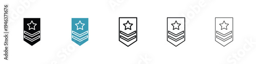 Military rank badge icon in line art style on white background for graphic and web design.
