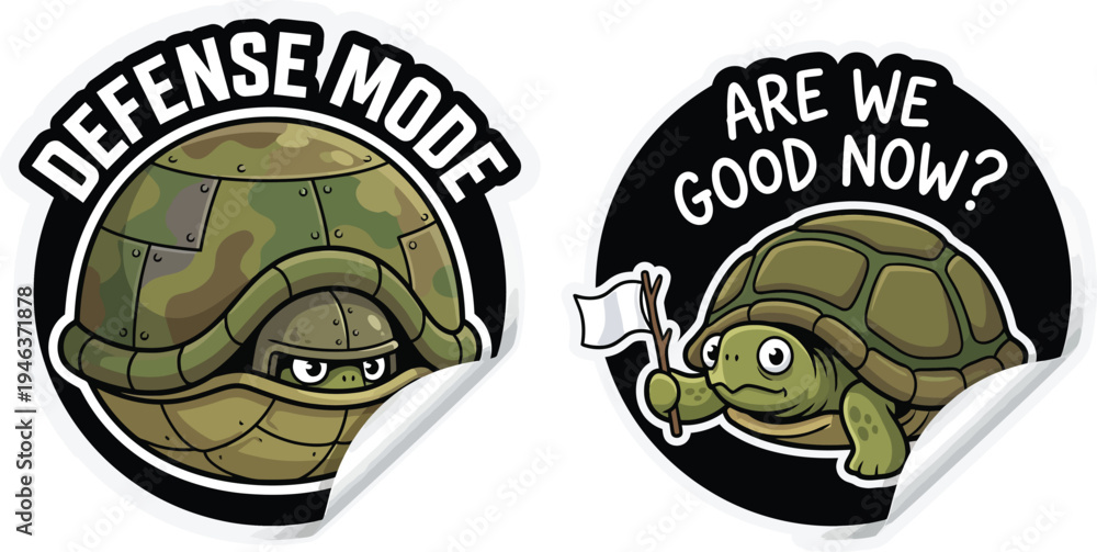 Obraz premium A set of funny, cute sticker designs featuring cartoon turtles in various humorous situations, from defense mode to surrender